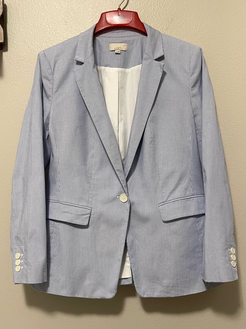 Loft Pinstripe One Button Blazer - Blue & White Cotton Blend - Size 10